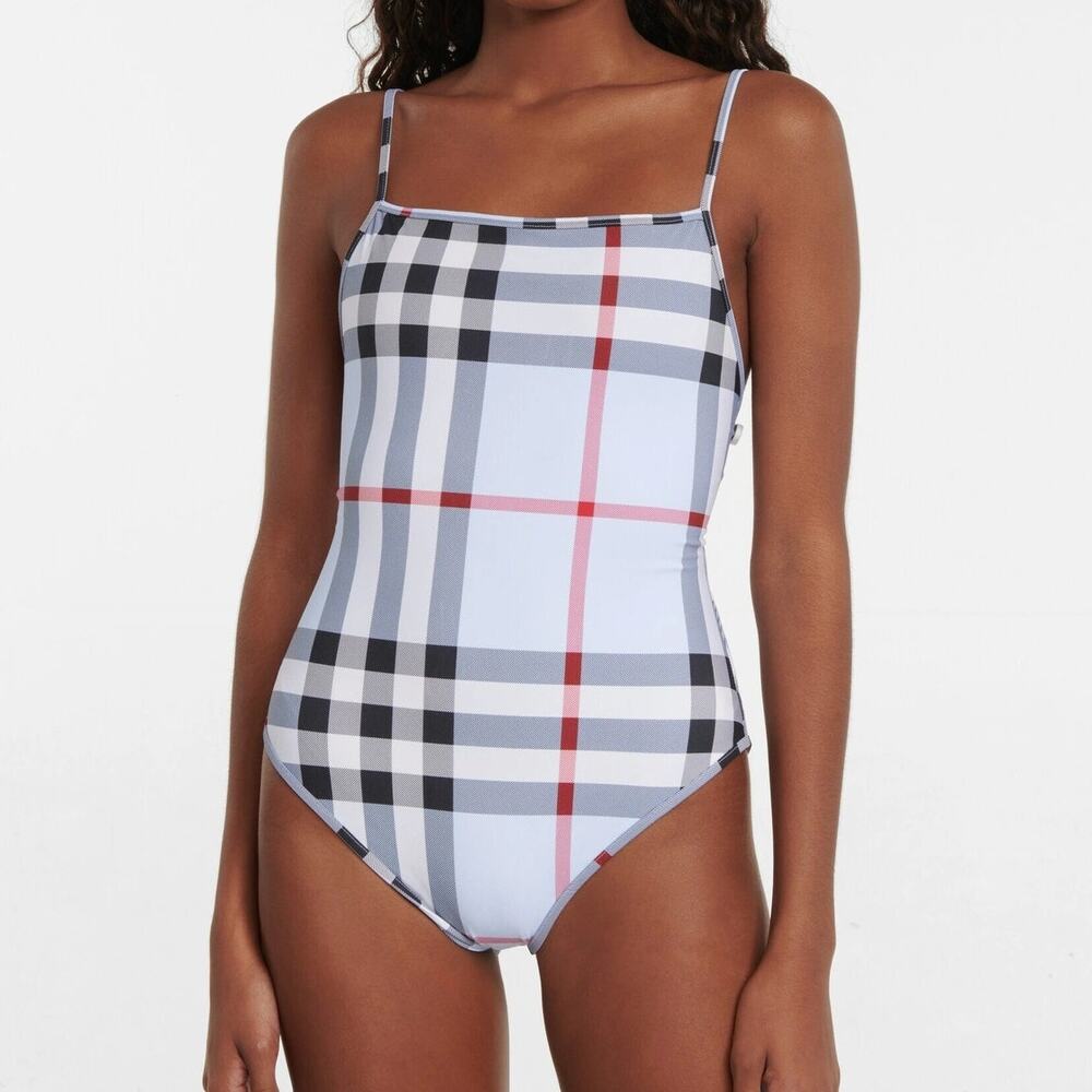 Burberry Plaid One-Piece Swimsuit in Light Blue, Black, White and Red